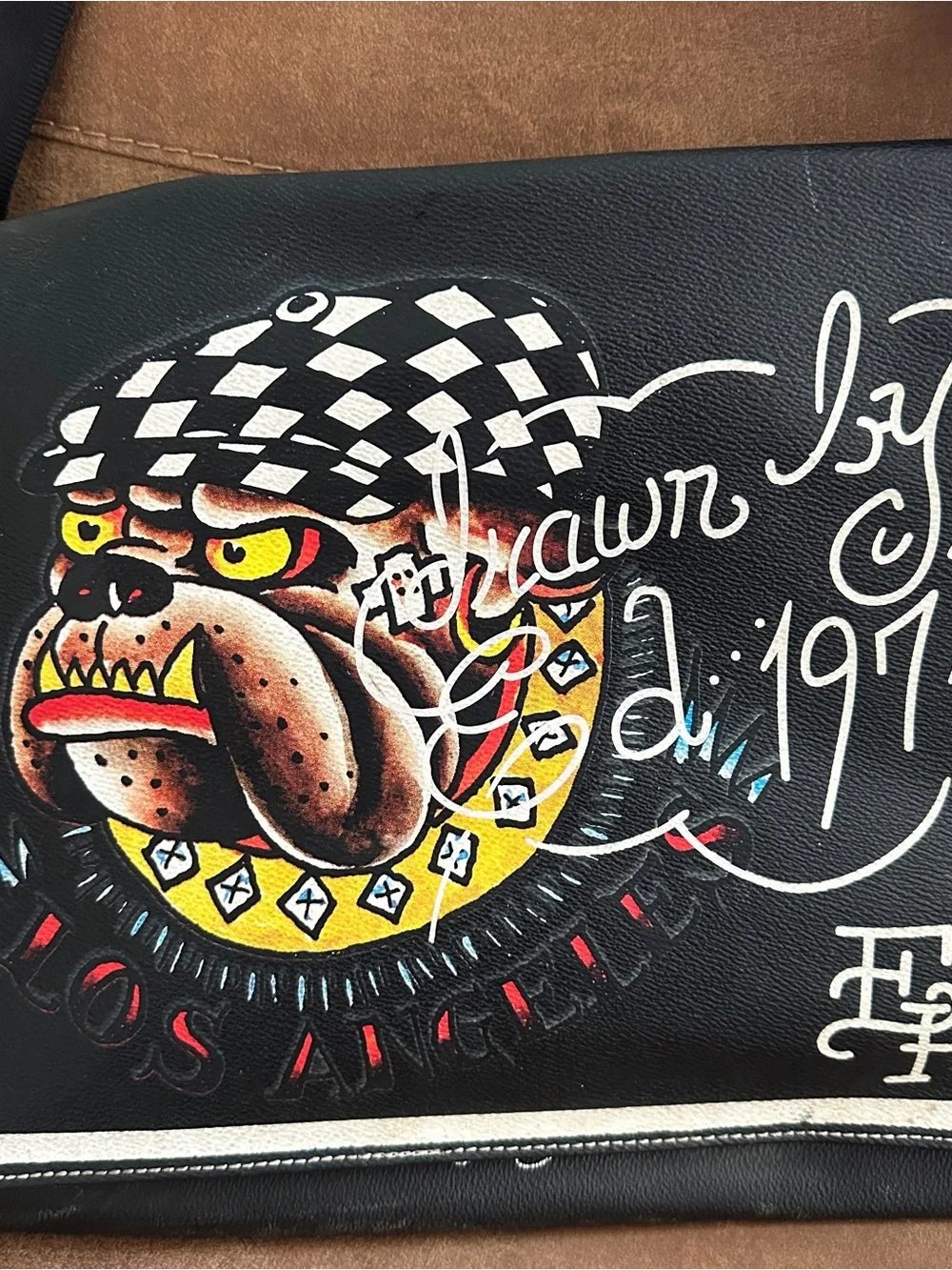 Ed Hardy Black Satchel with Colorful Bulldog Graphic